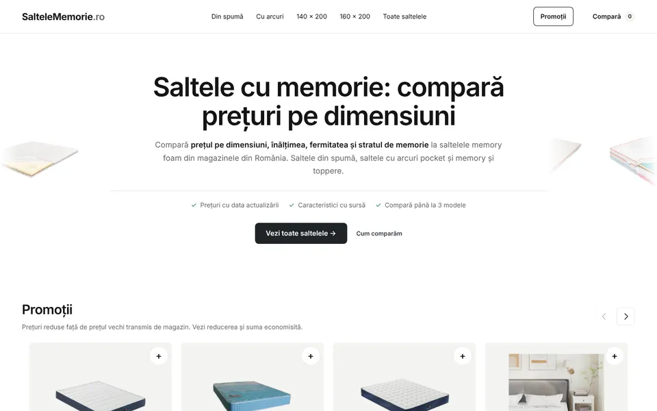 Pagina principală SalteleMemorie.ro: comparator de prețuri pentru saltele memory foam pe dimensiuni